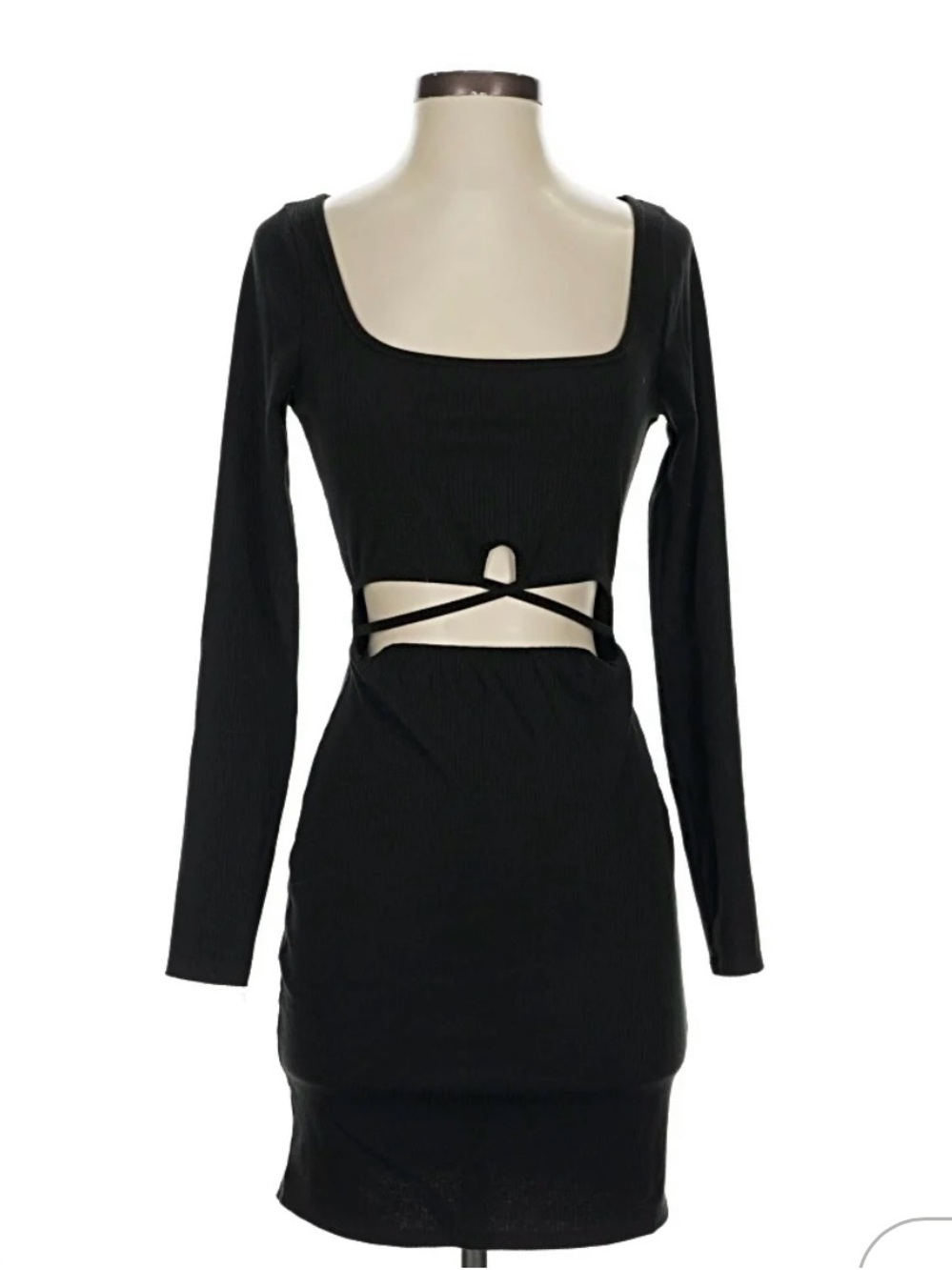 Black Long-Sleeve Cutout Bodycon Dress with Waist Straps